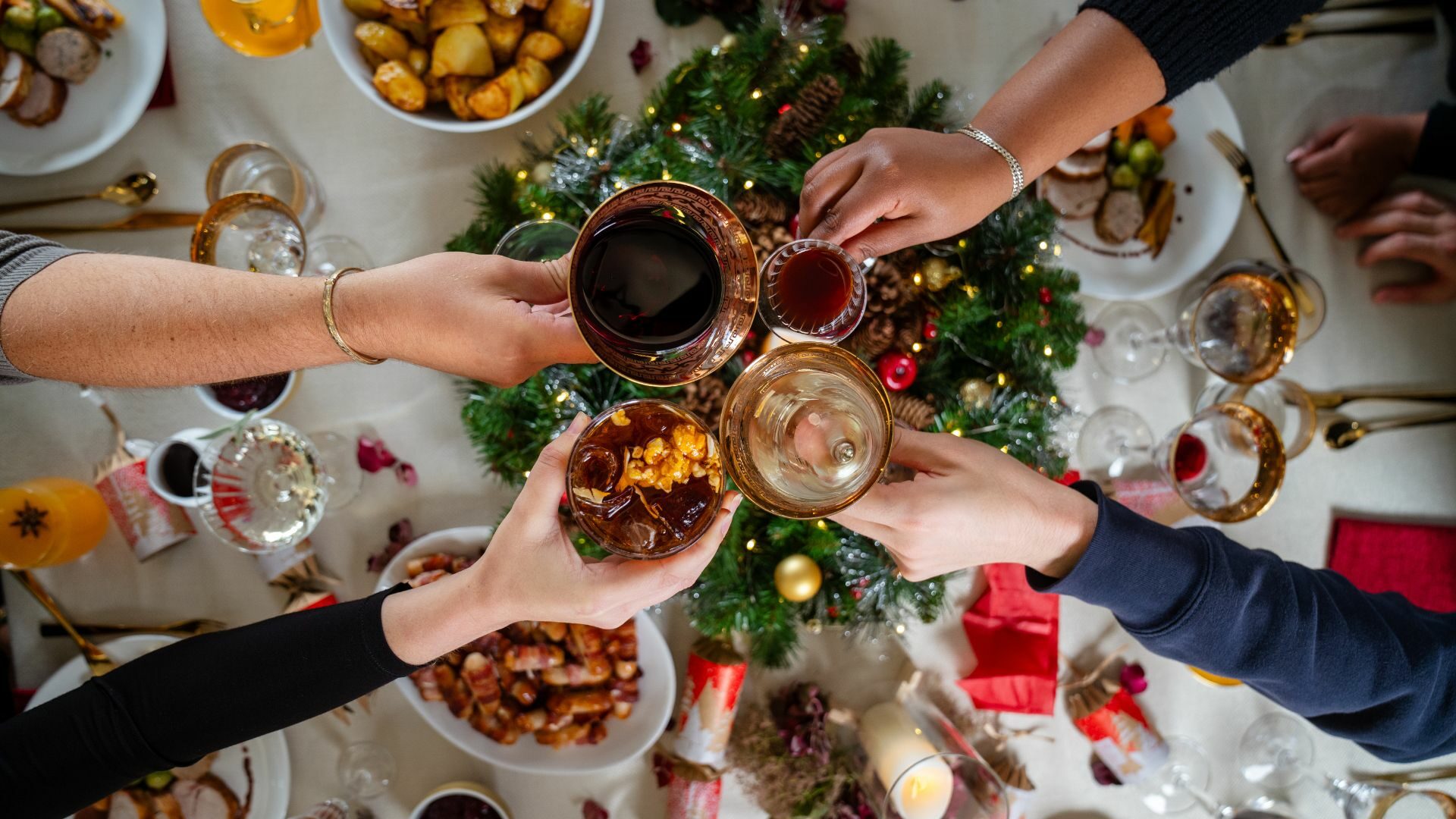 Christmas Feast, People Cheering over a festive table